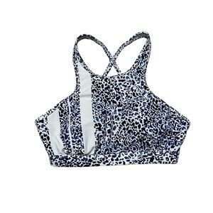 Athleta High Neck Bikini Top Womens 32D/DD Zimbabwe White Blue Animal Print Swim